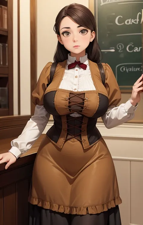 Girl with big breasts, in brown Victorian clothing, by the cafe, amber eyes 