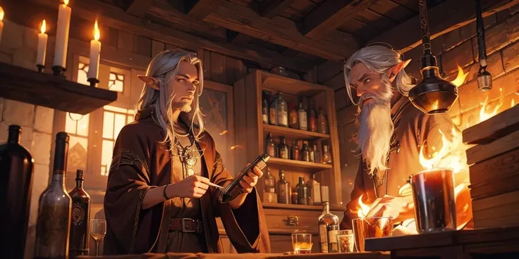 Cinematic scene of an elf scientist wizard, silver hair and beard, holding a glass bottle with glowing magical runes, inside the glass bottle there is purple fire in liquid form.  Vintage pulp illustration, in a medieval laboratory, looking shocked, machin...