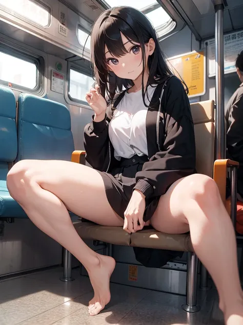 Highest quality、Masterpiece、8K、Japanese women、30th Generation、sexy、naked、pubic hair、Slender figure、Beautiful feet、Realistic hands、on the train