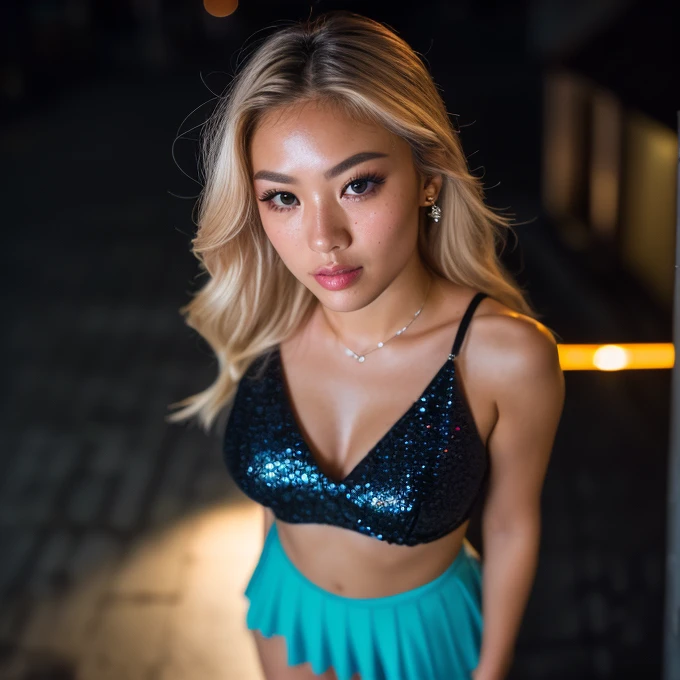 (selfie, top view: 1.4), (straight half of the body: 1.4), RAW UHD portrait photo of a 24-year-old asian blonde (sexy-eyed woman) walking down a dark alley, large breasts,, city at night, (skirt), (neckline), details (textures! , hair! , glitter, color!! ,...