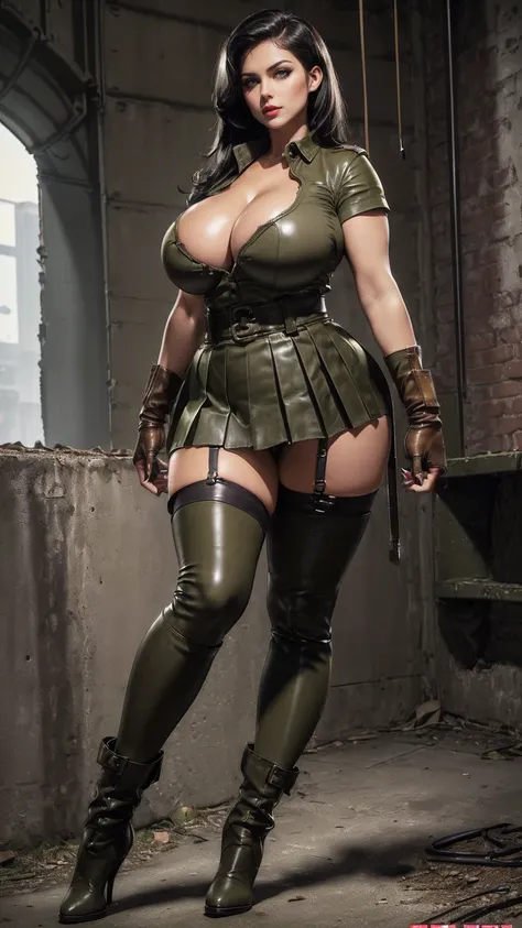 (​masterpiece, Top quality, best quality, official art, beautiful and aesthetic: 1.2), (busty mature Denise Milani), extremely detailed, colourful, Highly detailed, (short, straight jet-black hair:1.3), (green eyes), ((khaki leather army shirt, buttoned up...