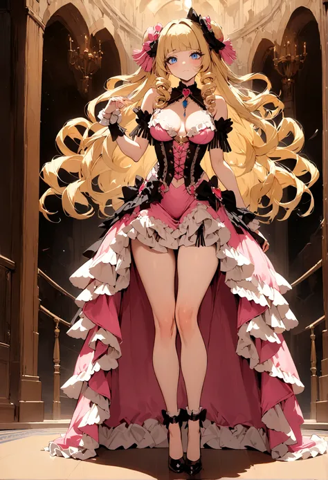 Curls,blonde_hair,blue_eyes,long_eyelashes,long_hair,fringe_bangs,side_curls,fullbody,standing,masterpiece,highress,frilly intricate pink saloon girl dress,