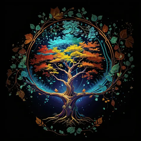 circular tree,four seasons,spring,summer,autumn,winter,leaves,roots,branches,trunk,ornate border,decorative,digital illustration,artwork,movement,time,swirling background,dark background,vibrant colors,natural,life cycle,growth,change,nature,life,peace,har...