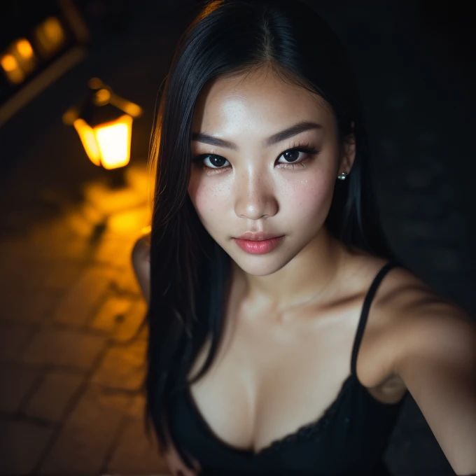 (selfie, top view: 1.4), (straight half of the body: 1.4), raw uhd portrait photo of a 24-year-old asian blonde (sexy-eyed woman...