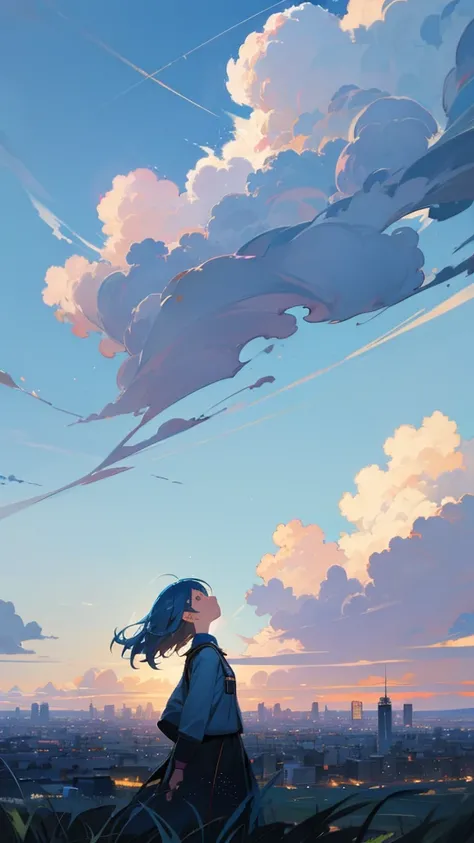 Blue sky girl looking up field of storm clouds a city seen from afar