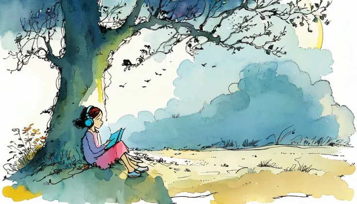 
(a girl with headphones, sitting at the foot of a tree, under the moonlight ) by Quentin Blake, style byQuentin Blake, scene by Quentin Blake, art byQuentin Blake, color by Quentin Blakeatmosphere by Quentin Blake, lights byQuentin Blake, textures by Que...