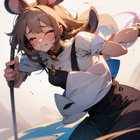 cute mouse girl sobbing, cleaning tears, mouse ears, cute