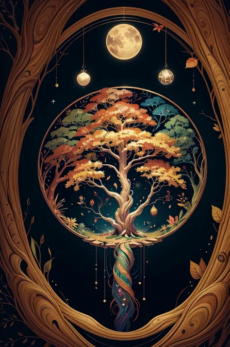 circular tree,four seasons,spring,summer,autumn,winter,leaves,roots,branches,trunk,ornate border,decorative,digital illustration,artwork,movement,time,swirling background,dark background,vibrant colors,natural,life cycle,growth,change,nature,life,peace,har...