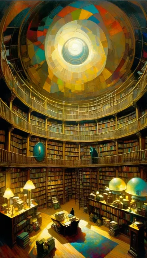 big library, huge shelves, dome, some clutter (art inspired by Dave Mckean and  Bill Sienkiewicz). oil painting)
