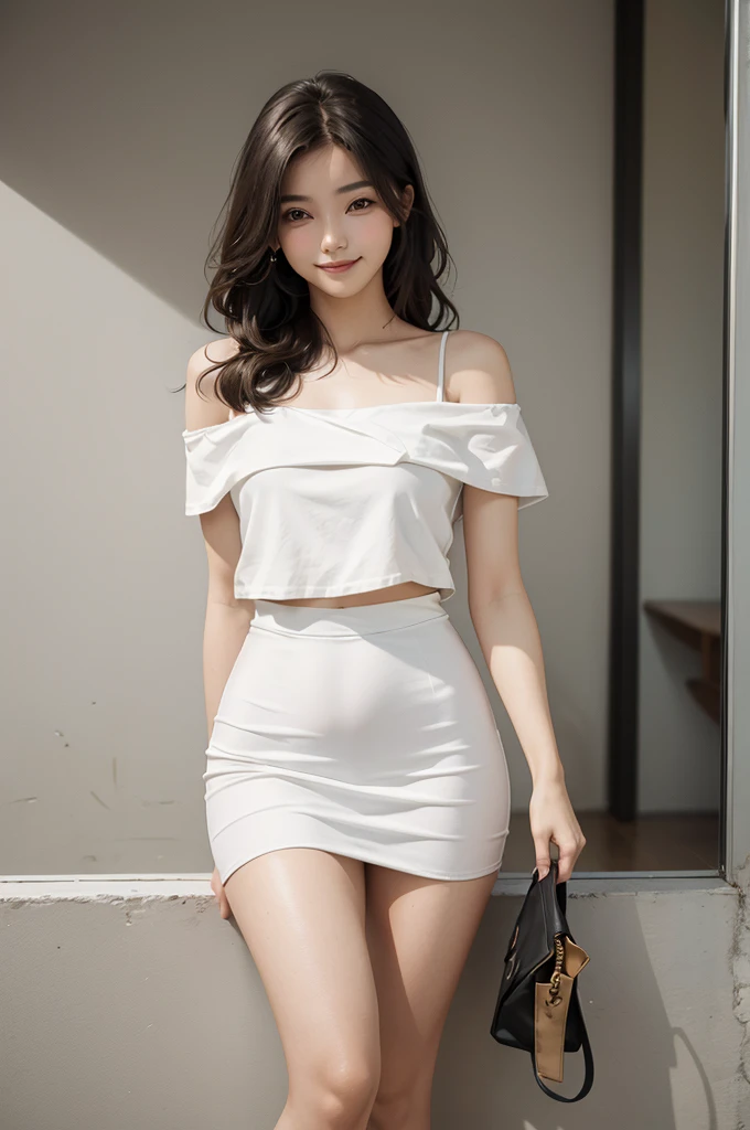 ((realistic)), , beautiful teenage girl, white shirt, high waist, cropped shoulder, slim, lose waist fat, high heel, shy, smile ...