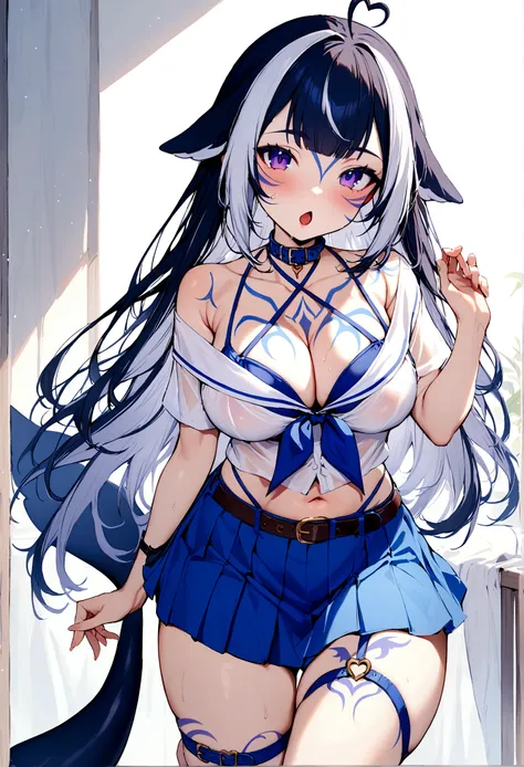 masterpiece, best quality, 1girl, shyLily, virtual YouTuber, cowboy shot, large breasts, cleavage, skirt, shirt, bikini, bikini under clothes, off-shoulder, see-through, see-through shirt, thigh strap, navel, sailor collar, , halterneck, criss-cross halter...