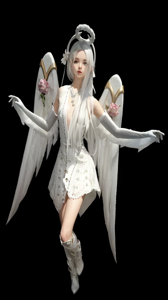 A beautiful full body slim girl, straight white hair, angelic white dress, White Boots, whitegloves.