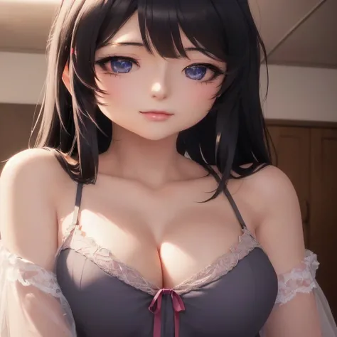 anime girl with big breast and long black hair in lingerie, photorealistic anime girl render, seductive anime girl, smooth anime cg art, anime highly detailed, 3 d anime realistic, detailed digital anime art, photorealistic anime, realistic anime 3 d style...