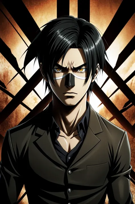 Slender black hair boy wearing black mask with animation of attack on titan anime features