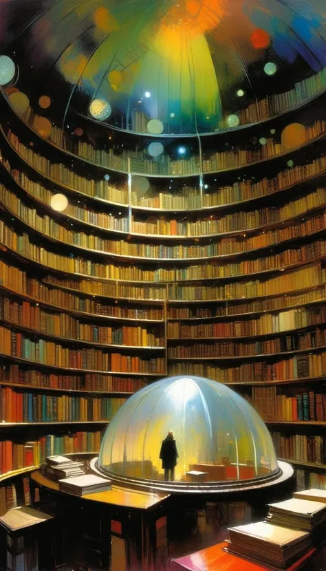 big library, huge shelves, dome, some clutter (art inspired by Bill Sienkiewicz). oil painting)
