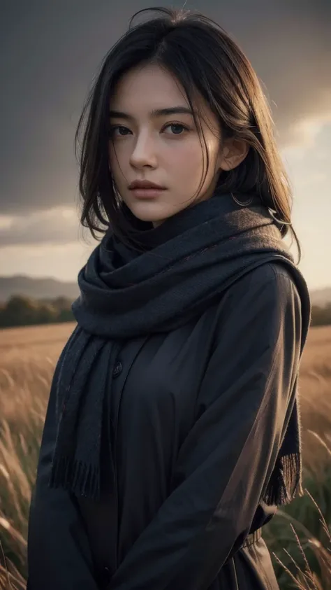 8k, best quality, masterpiece, realistic, ultra detail, photo realistic, Increase quality, 
a photo of a girl standing in a field with a scarf, in the style of dark and brooding designer, voluminous mass, photobash, serene faces, jagged edges, navy, natura...