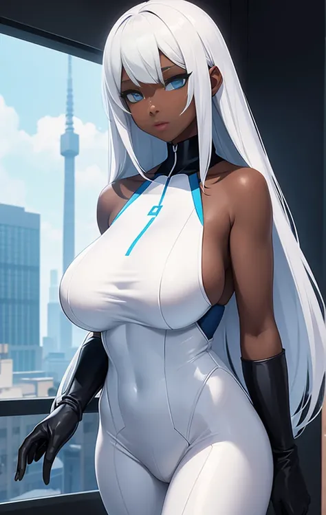 girl, with giant breasts, by white, broad , blue eyes, white spy suit, black ebony skin.