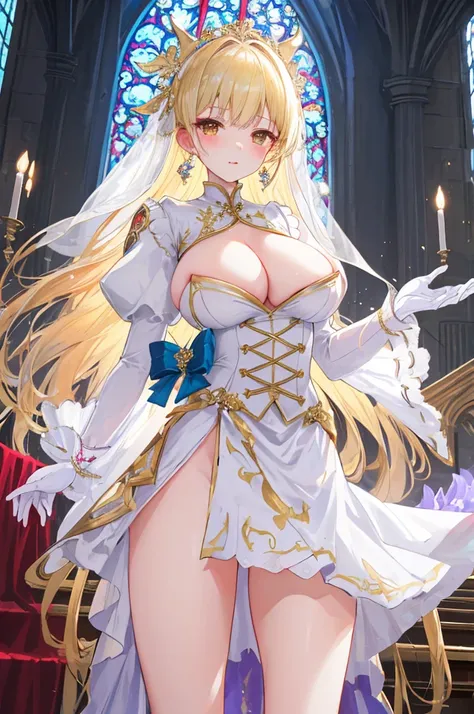 masterpiece，8K，A woman with big tits，Gorgeous woman，transparent，Long blond hair，big hair，((hime cut))，Gorgeous jewelry，Crystal Hair Accessories，Cleavage，pubic，In front of the altar of the majestic church、（Blurred background）、Brighter light，(Elegant gloss）、...