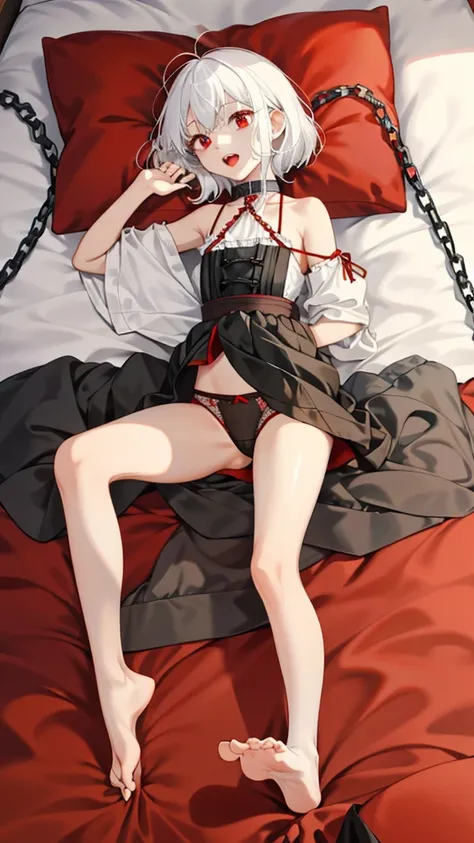 (masterpiece) Little  with white hair and red pupils。Black stockings on her legs,Wear ，without wearing shoes, The soles of the little lolis feet were completely exposed in front of me。The bed was full of 。delicate leg。Big tits。Small and delicate feet。Lie d...