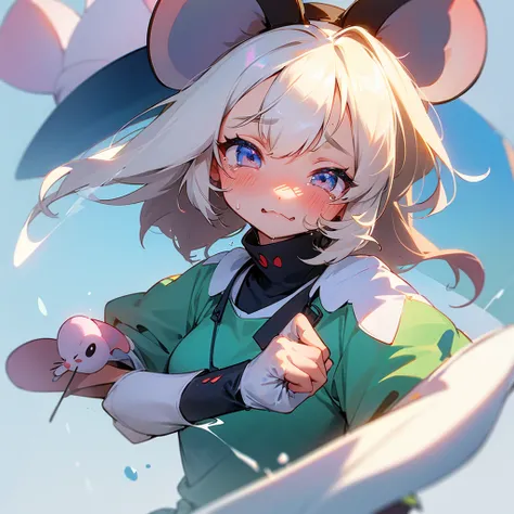 cute mouse girl sobbing, cleaning tears, mouse ears, cute