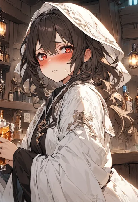 Adult female, fantasy, very short dark brown hair, red eyes, cleric, black on white cleric robes, blushing, drunken yelling, tavern, sad tsundere, drunk, highly detailed, best detail, high quality, perfect eyes, expressive eyes,