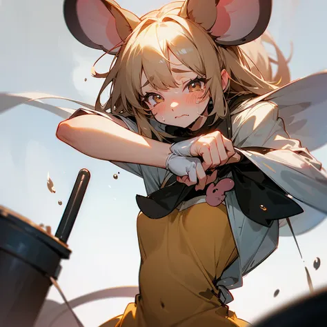 cute mouse girl sobbing, cleaning tears, mouse ears, cute