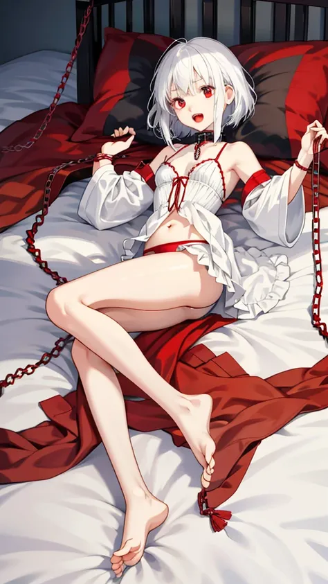 Little  with white hair and red pupils。Black stockings on her legs,Wear ，without wearing shoes, The soles of the little lolis feet were completely exposed in front of me。The bed was full of 。delicate leg。Big tits。Small and delicate feet。Lie down in bed。The...