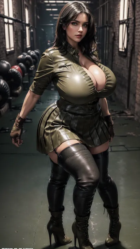 (​masterpiece, Top quality, best quality, official art, beautiful and aesthetic: 1.2), (busty mature thicc Denise Milani), extremely detailed, colourful, Highly detailed, (short, straight jet-black hair:1.3), (green eyes), ((khaki leather army shirt, butto...