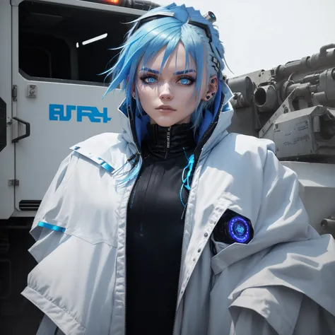 arafed woman with blue hair standing in front of a fire truck, photography of a techwear woman, wearing cyberpunk fashion, her hair is white, wearing cyberpunk jacket 2 0 7 7, cyberpunk fashion, Muted cyberpunk style, girl with blue hair, with blue hair, c...