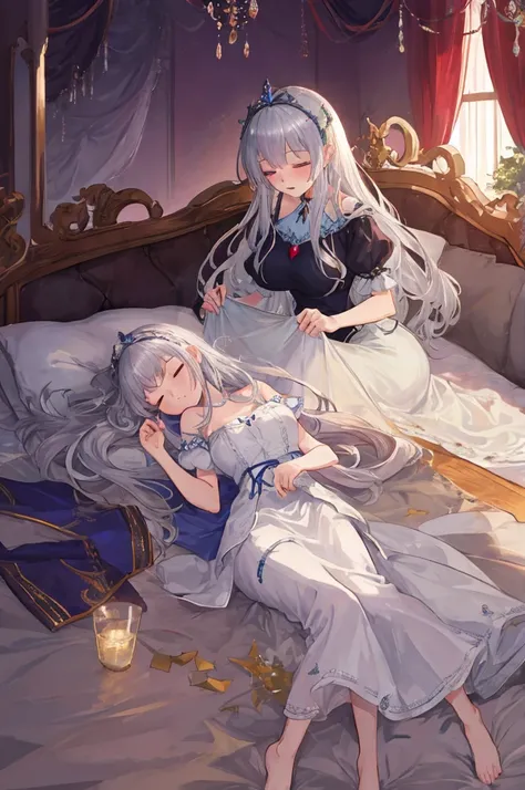 Fairy Tale Style，sleeping Beauty，A woman with big ，Silver long hair，(Super short)Nightdress，weak，bedroom，(nsfw:0.5)，