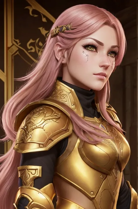 ((Quality of gamers)), ((golden eyes with a light shade of pink)), ((art not style baldur gate 3)), ((light brown hair)), ((1womanl)), ((look parkur)), ((gold armor with black)), ((a small scar on the left side of the cheek)), ((well defined eyelashes)), (...