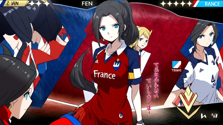 (anime,2d)women,soccer player,black fur,wide,fringe,collected in a ponytail,clear skin,light blue eyes,france national team dres...