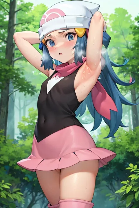 masterpiece, best quality, 1girl, dawn (pokemon), beanie, long hair, blue hair, blue eyes, black sleeveless shirt, pink scarf, pink skirt, pink boots, looking at viewer, forest background, arms behind head, contrapposto, armpits, sweat, steam