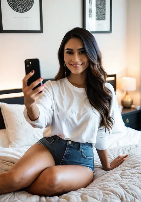 A Latina woman with long dark hair, dressed casually, is taking a selfie while sitting on her bed in a bedroom. The room is cozy and intimate, with soft lighting, decorative pillows, and a stylish bedspread. She has a poised, beautiful body with thick legs...