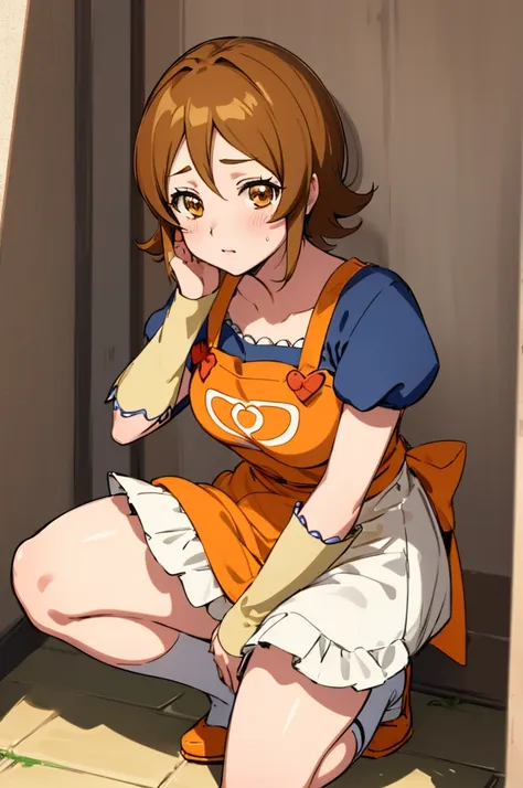 ultra detailed, sharp focus, best quality, masterpiece, colorful, oomoriyuuko, light brown hair, short hair, apron, tired face, ...