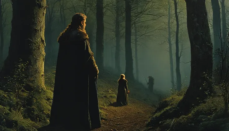 (((medieval style))), image of a worried hunter, bill henson, going into the forest with the young princess, super-detailed, 8k ...