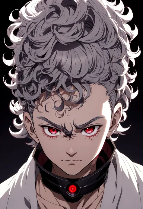 anime boy, curly hair, scar across eye, eye reflection, half-closed eyes, red eyes, solid circle eyes, kubrick stare, bright pupils, undercut, dark background, shining eyes, grey hair, anime style, chiaroscuro, anime, cinematic lighting