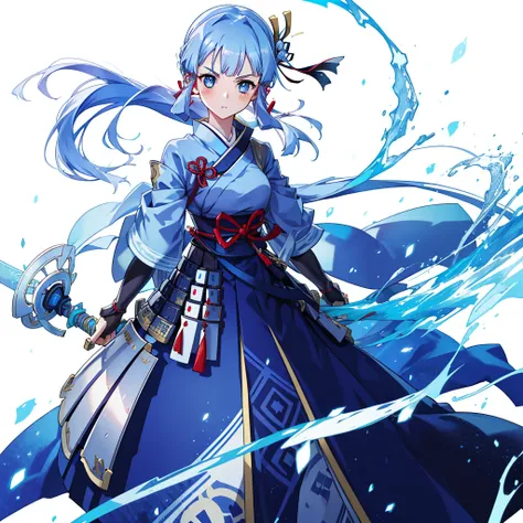 view the viewer, 1 girl,  highest quality, blue hair, blue eyes, japanese style armor, sword in hand, electricity, kamisato ayak...