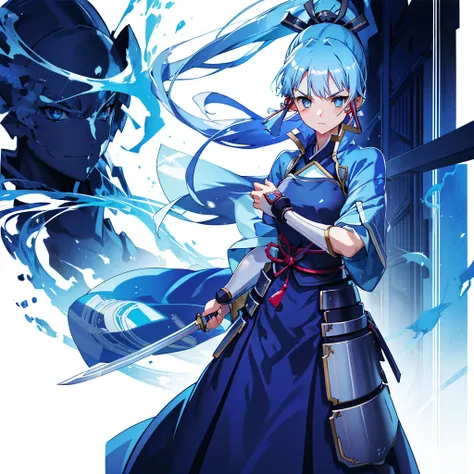 view the viewer, 1 girl,  highest quality, blue hair, blue eyes, japanese style armor, sword in hand, electricity, kamisato ayak...