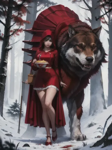 ultra-wide shot, full body, 1girl, sexy red dress with short white frills, hood up, basket with hotcakes, dark forest, big wolf ...