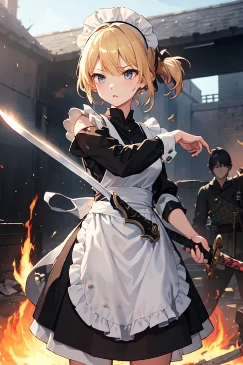 (((Highest quality))), ((masterpiece)), (((detailed))), (((Attention to detail))), One girl, cute, ((Black maid outfit, White apron, Headband, The skirt is long)), (((A girl in a maid outfit is fighting with a big sword to protect her master))), ((燃えたbattl...