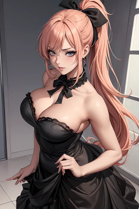 Create a horny and seductive teenageanime girl with peach colored hair done up in a ponytail with a large black ribbon. She has mischievous grey eyes with makeup. She wears a black elegant dress, sleeveless and strapless, sexy shoulders. 1girl, nsfw, grey ...