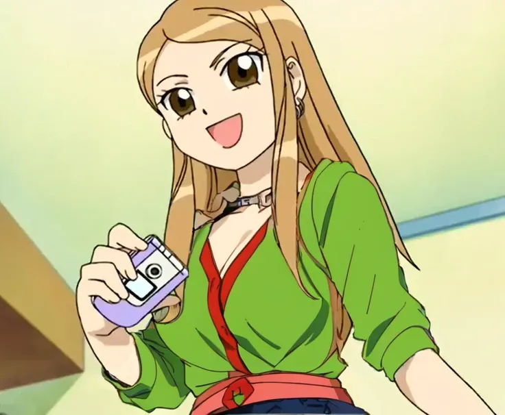 anime girl with Red shirt and brown jeans holding a cell phone, anime girl named lucy, anya from spy x family, anime style”, yami kawaii, as an anime character, beautiful alluring anime teen, in an anime, my dress up darling anime, tsubasa nakais style, ay...