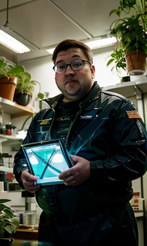 Photography Varied view, dynamic photography, He is wearing prescription glasses with clear red lenses,(((He is very chubby and is in the laboratory doing research with plants and vegetables with other Astronauts))), Inside the spacecraft. Walking in the l...