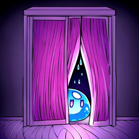 hidden in closet, in darkness, transparent skin, pink skin, curly purple-blue hair, Adult slime-girl, slime dripping, hiding, scared