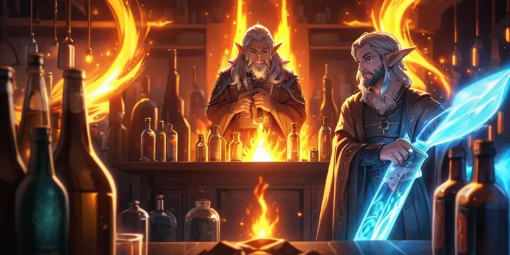 Cinematic scene of an elf scientist wizard, silver hair and beard, holding a glass bottle with glowing magical runes, inside the glass bottle there is purple fire in liquid form.  Vintage pulp illustration, in a medieval laboratory, looking shocked, machin...