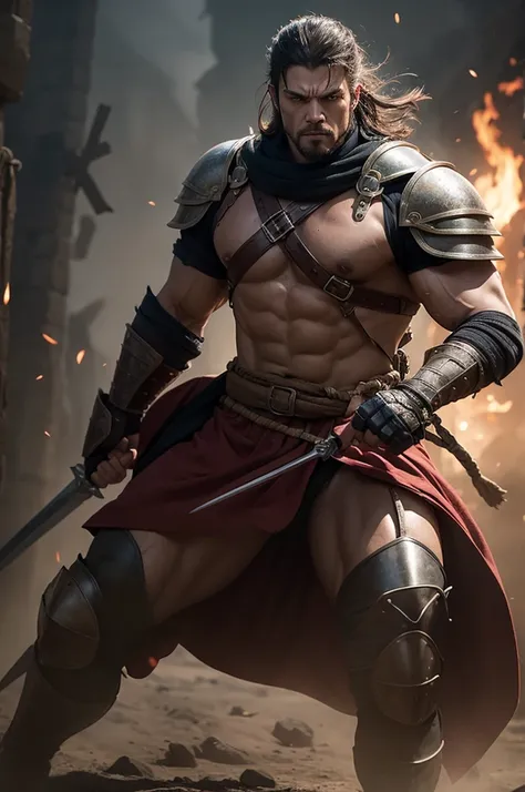 Create the image of a muscular and fierce medieval warrior, fighting in a war 