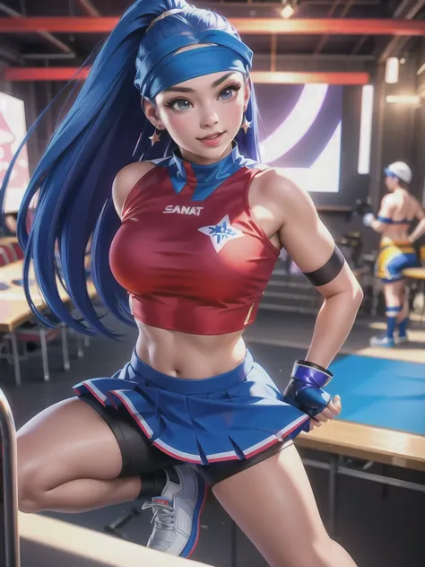 20-year-old woman, alone, alone, athletic, sexy body, wears a red cheerleader skirt and a blue shorts under the skirt, wears a red and blue top, wears blue exercise gloves that cover almost her entire forearm, headband on his head with a star, long blue ha...