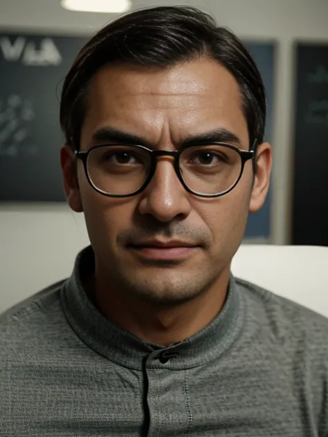 Ultra realistic photo of homen, Nerd with glasses, mister bean.