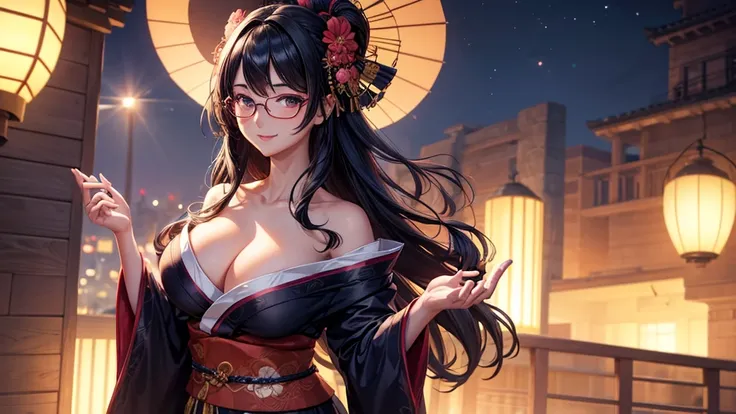 1 girl, full body, stand, glasses, big breasts, unbuttoned dark yukata, loose hair, smiling at you, blush, night light, detailed anime face, beautiful eyes, detailed hand, long eyelashes, detailed lips, detailed skin, intricate details, elegant, beautiful ...